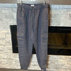 Nicole Miller Gray distressed Linen Cargo Pants Elastic Waistband size Medium